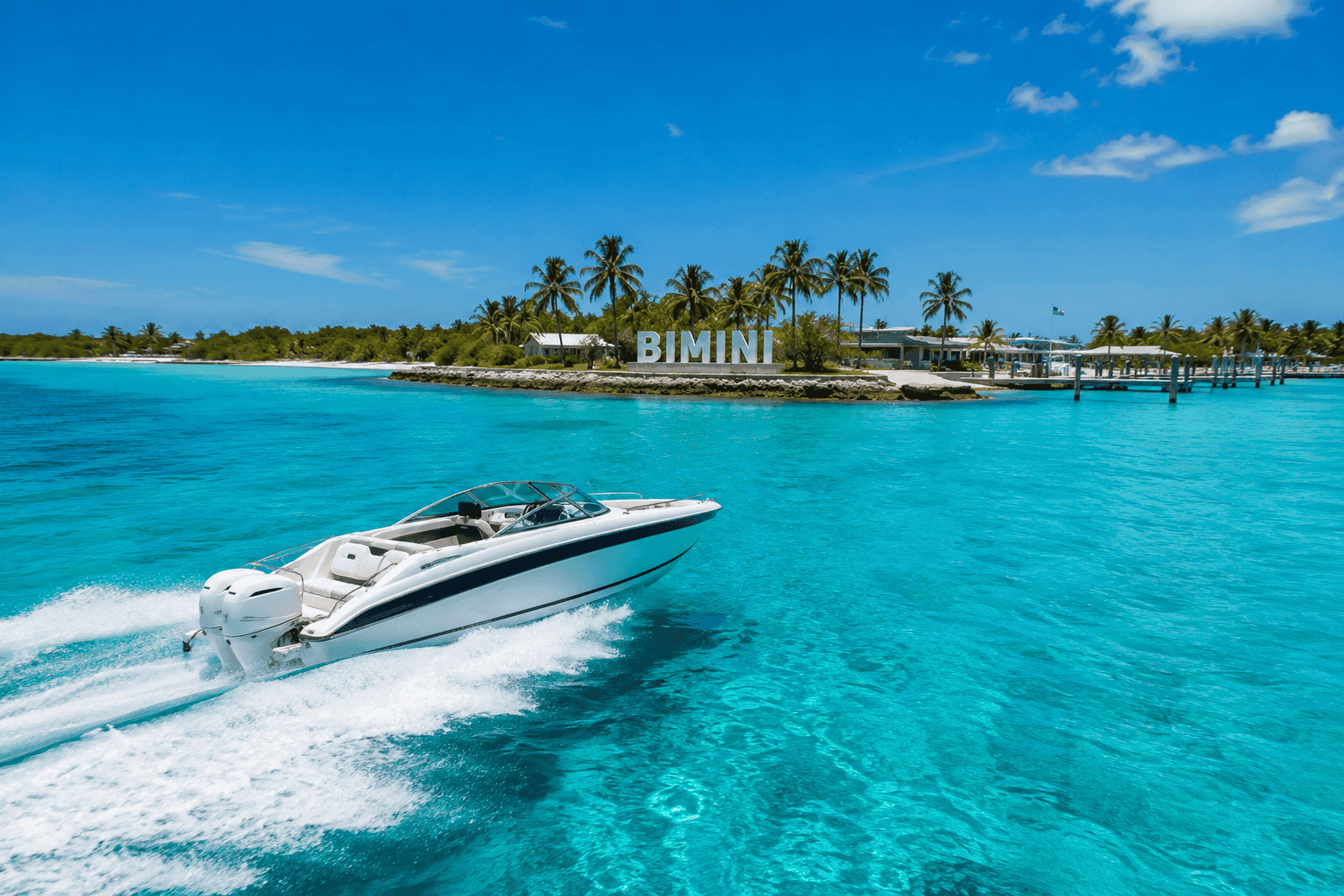 Turquoise water and boat tour in Bimini, Bahamas